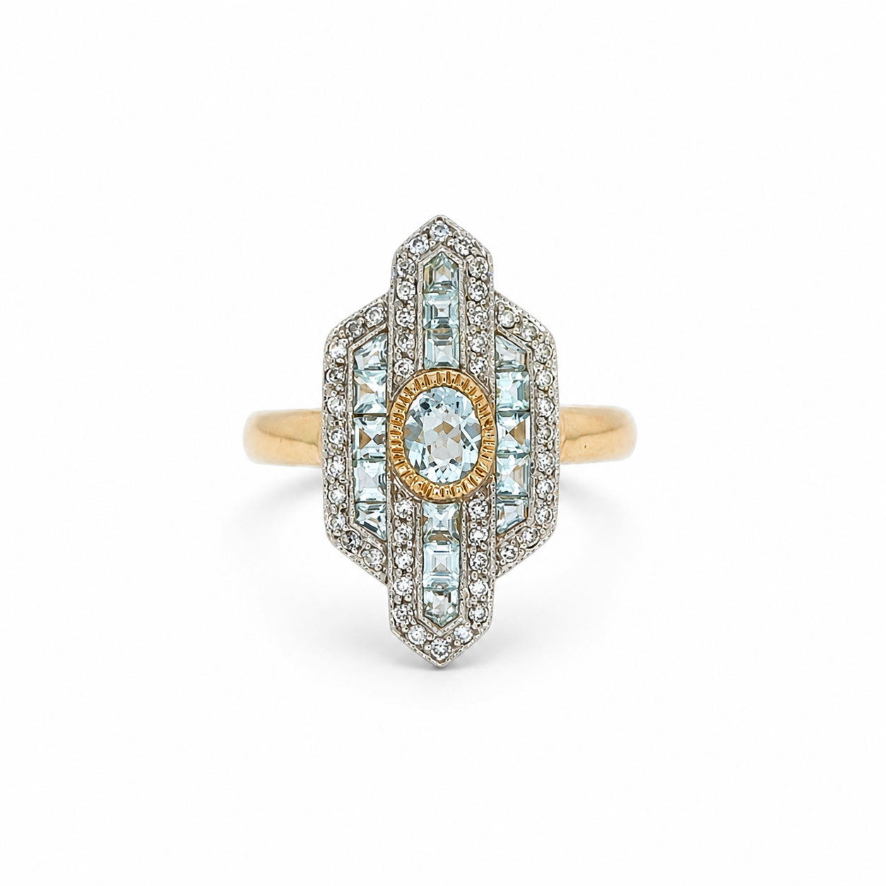 9ct Gold Art Deco Aquamarine &amp; Diamond Ring