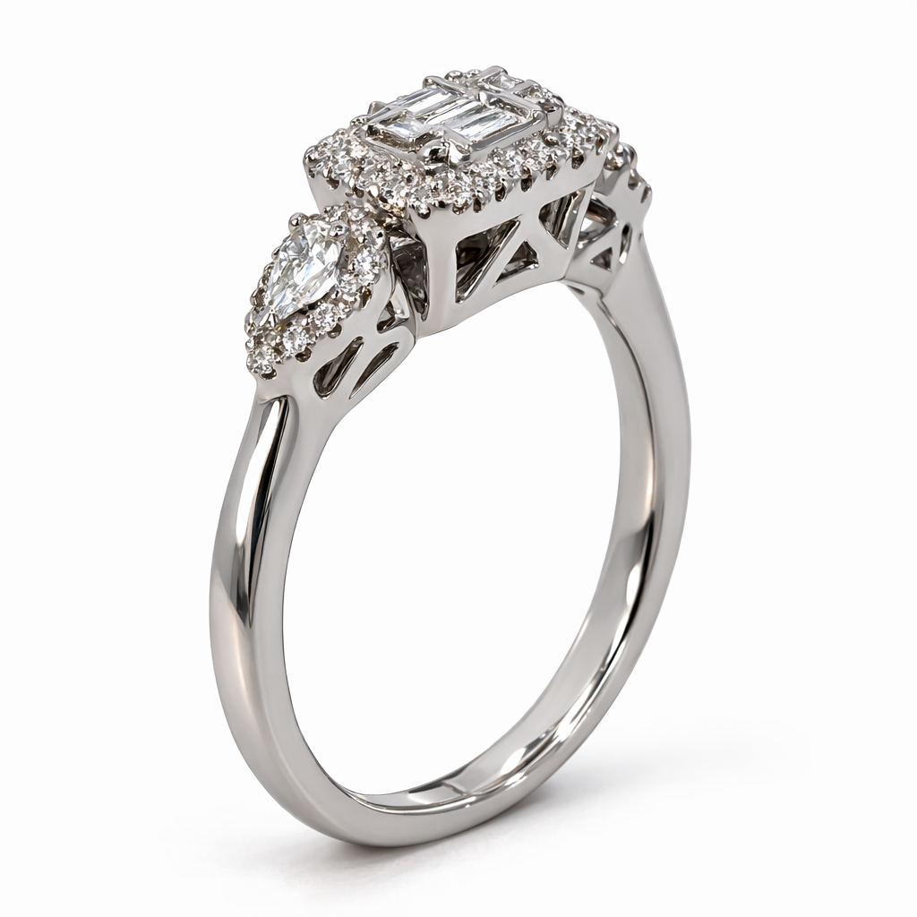 18ct White Gold Baguette &amp; Brilliant Cut Diamond Halo Cluster Ring