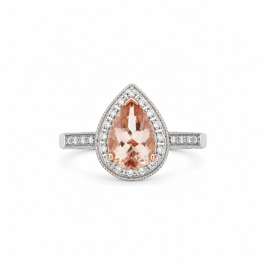 9ct Rose Gold Morganite & Diamond Pear Halo Ring