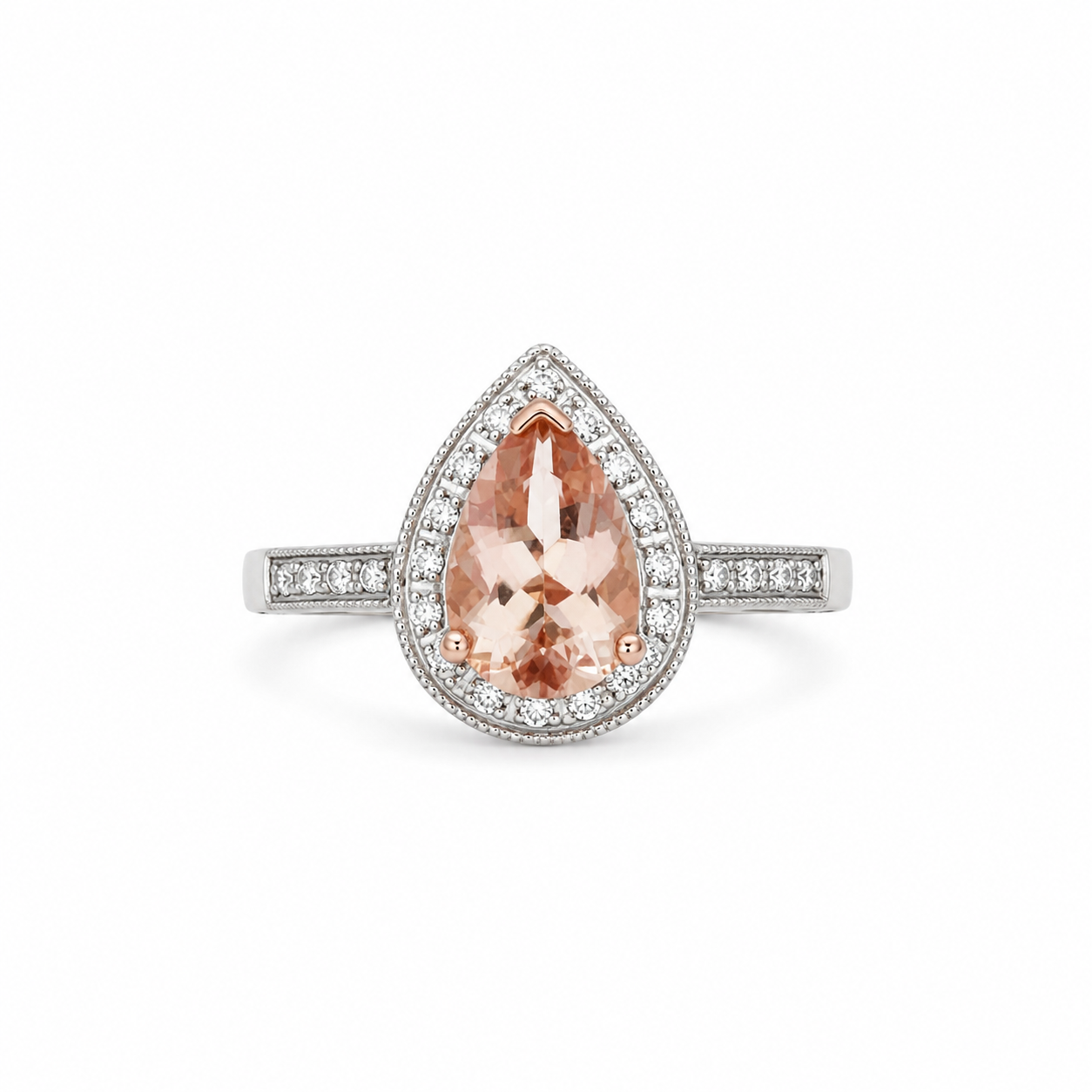 9ct Rose Gold Morganite &amp; Diamond Pear Halo Ring