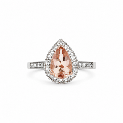 9ct Rose Gold Morganite &amp; Diamond Pear Halo Ring