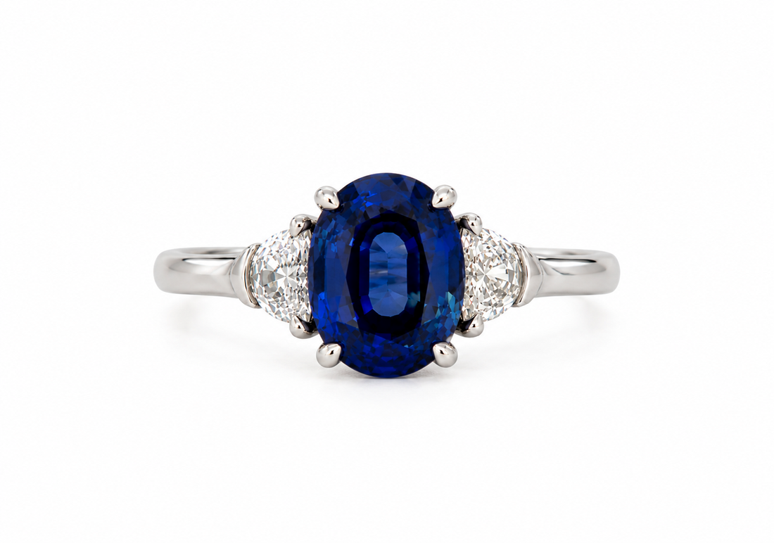 9ct White Gold Lab Grown Sapphire &amp; Diamond Three Stone Ring