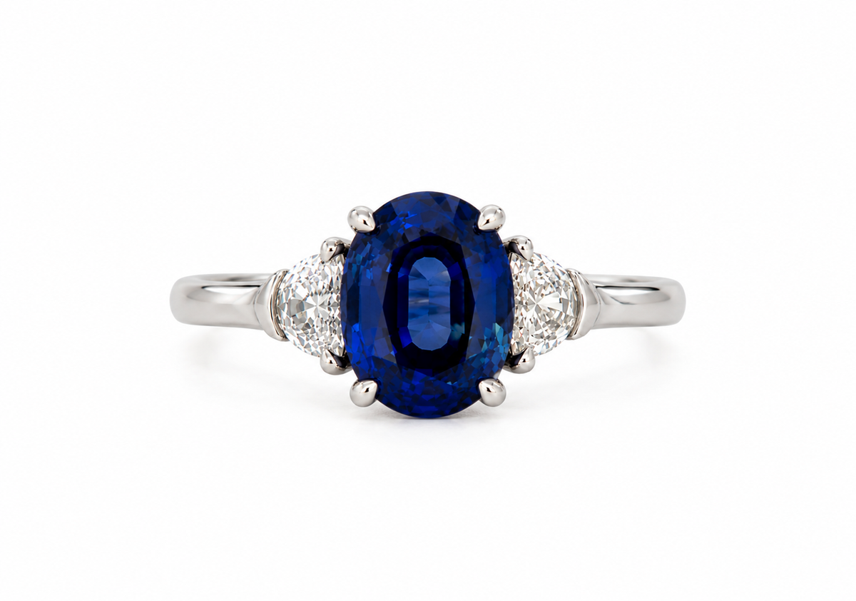 9ct White Gold Lab Grown Sapphire &amp; Diamond Three Stone Ring