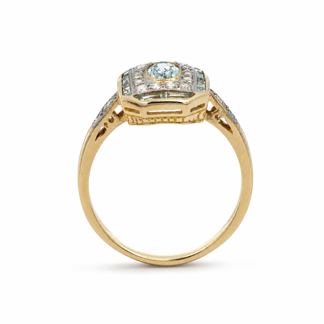 Vintage Style 9ct Gold Aquamarine &amp; Diamond Halo Ring