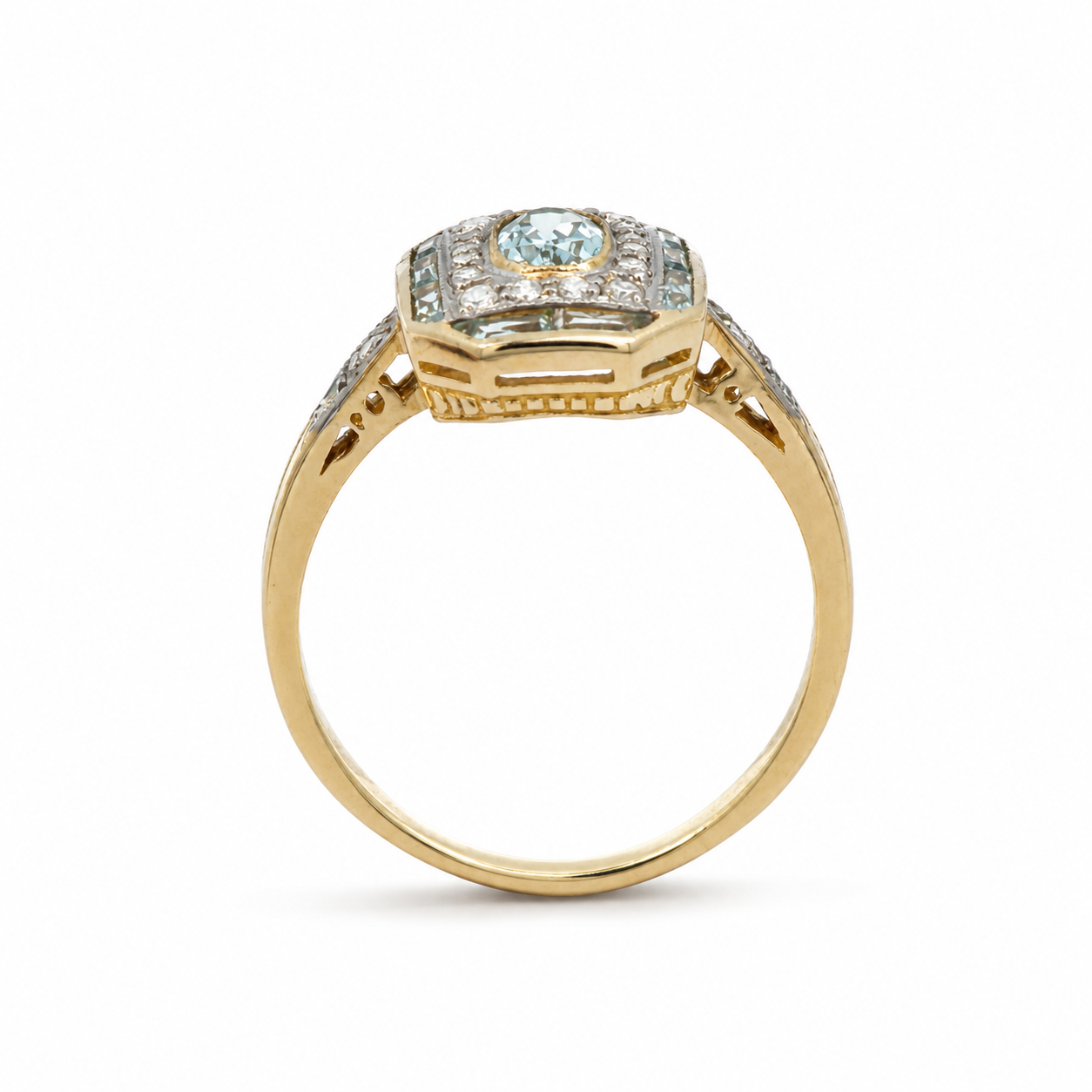Vintage Style 9ct Gold Aquamarine &amp; Diamond Halo Ring