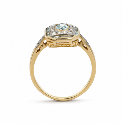 Vintage Style 9ct Gold Aquamarine &amp; Diamond Halo Ring