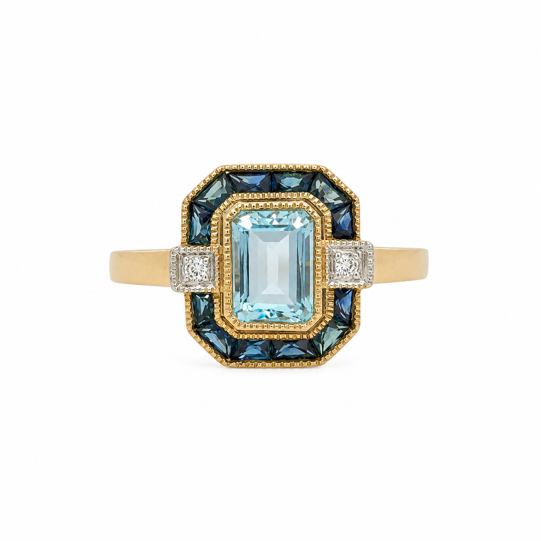 9ct Yellow Gold Aquamarine, Blue Topaz &amp; Diamond Ring