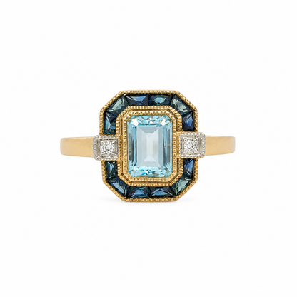 9ct Yellow Gold Aquamarine, Blue Topaz &amp; Diamond Ring