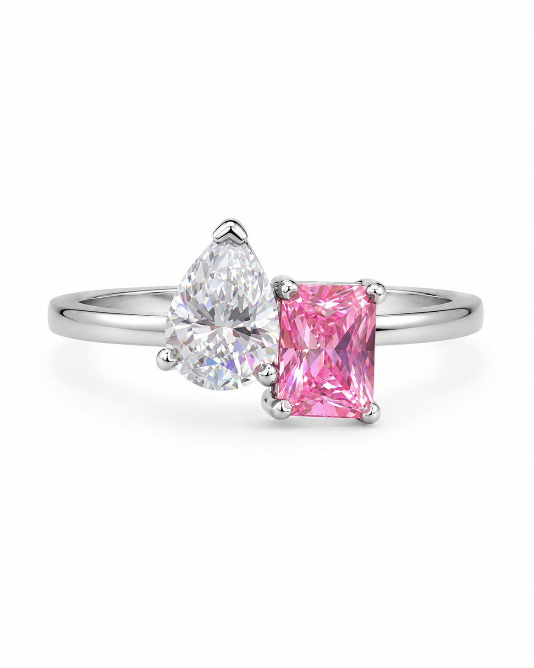 Silver 925 Pink &amp; Clear CZ Two-Stone Ring