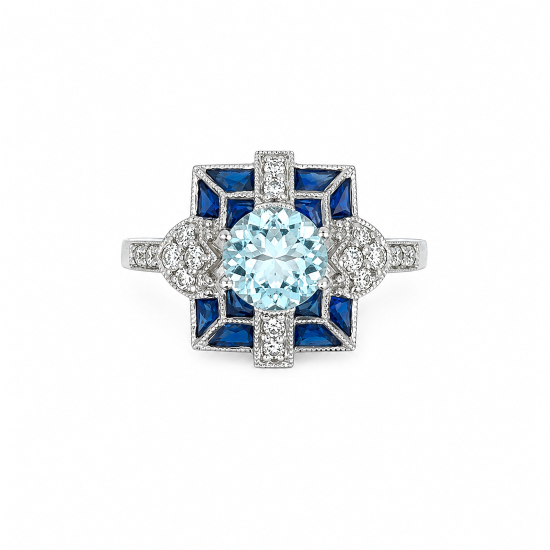 18ct Aquamarine, Sapphire & Diamond Ring