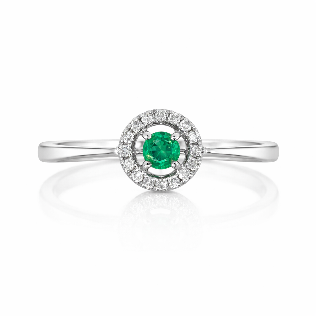 Emerald & Diamond Halo Ring in 9ct White Gold