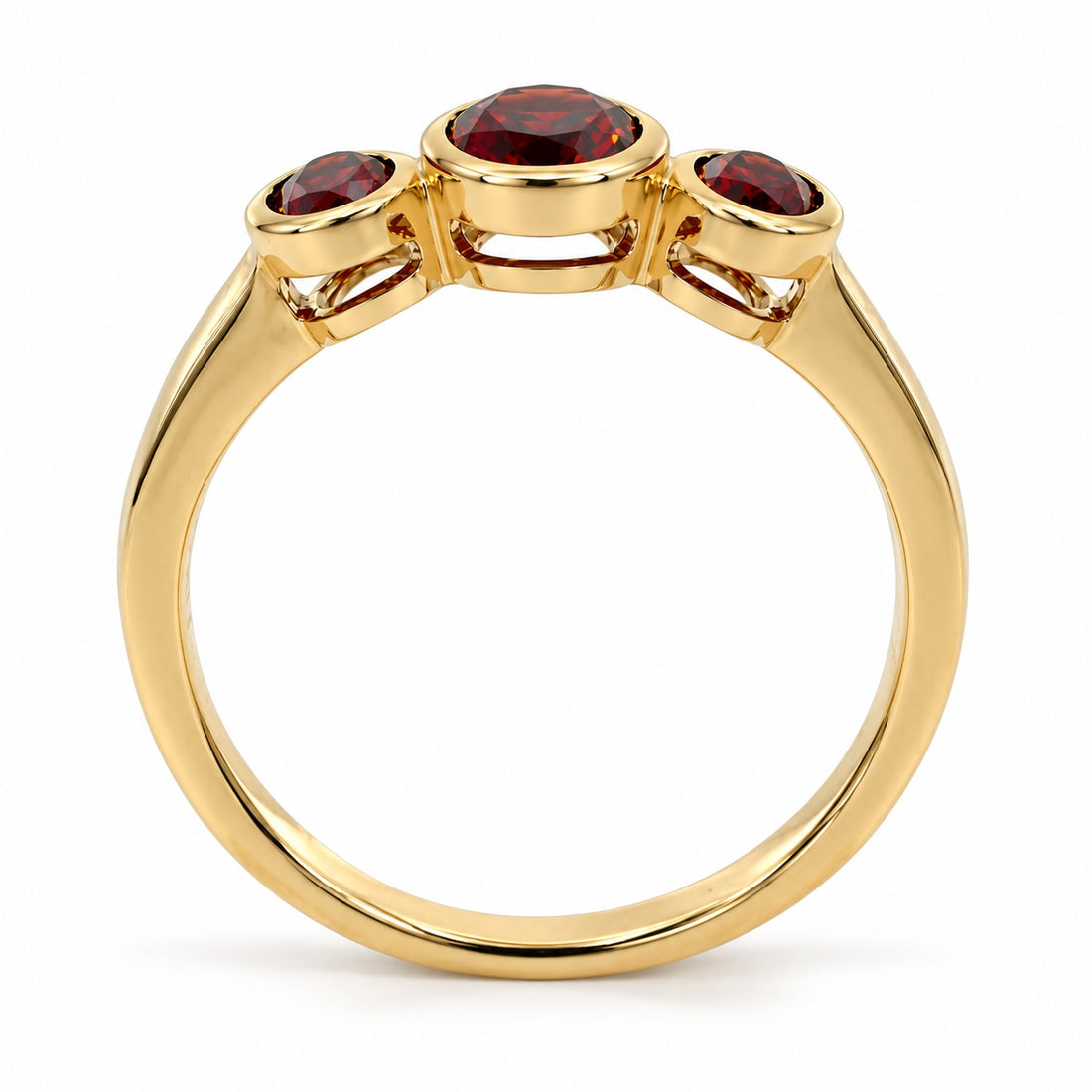 9ct Yellow Gold Oval Garnet Rubover Set Three Stone Ring