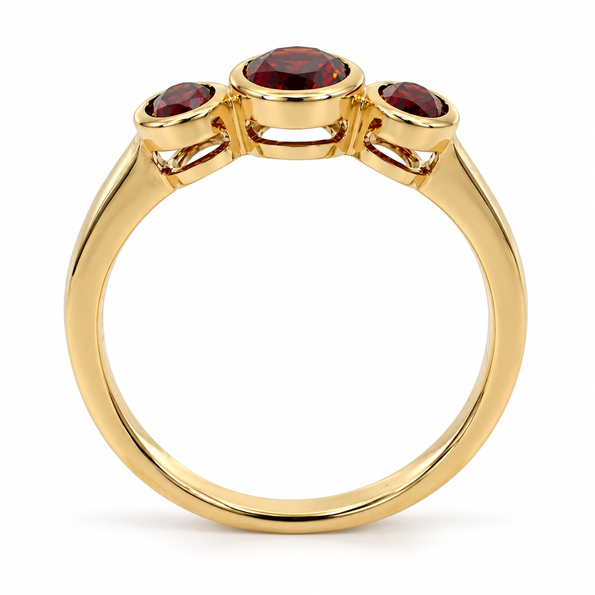 9ct Yellow Gold Oval Garnet Rubover Set Three Stone Ring