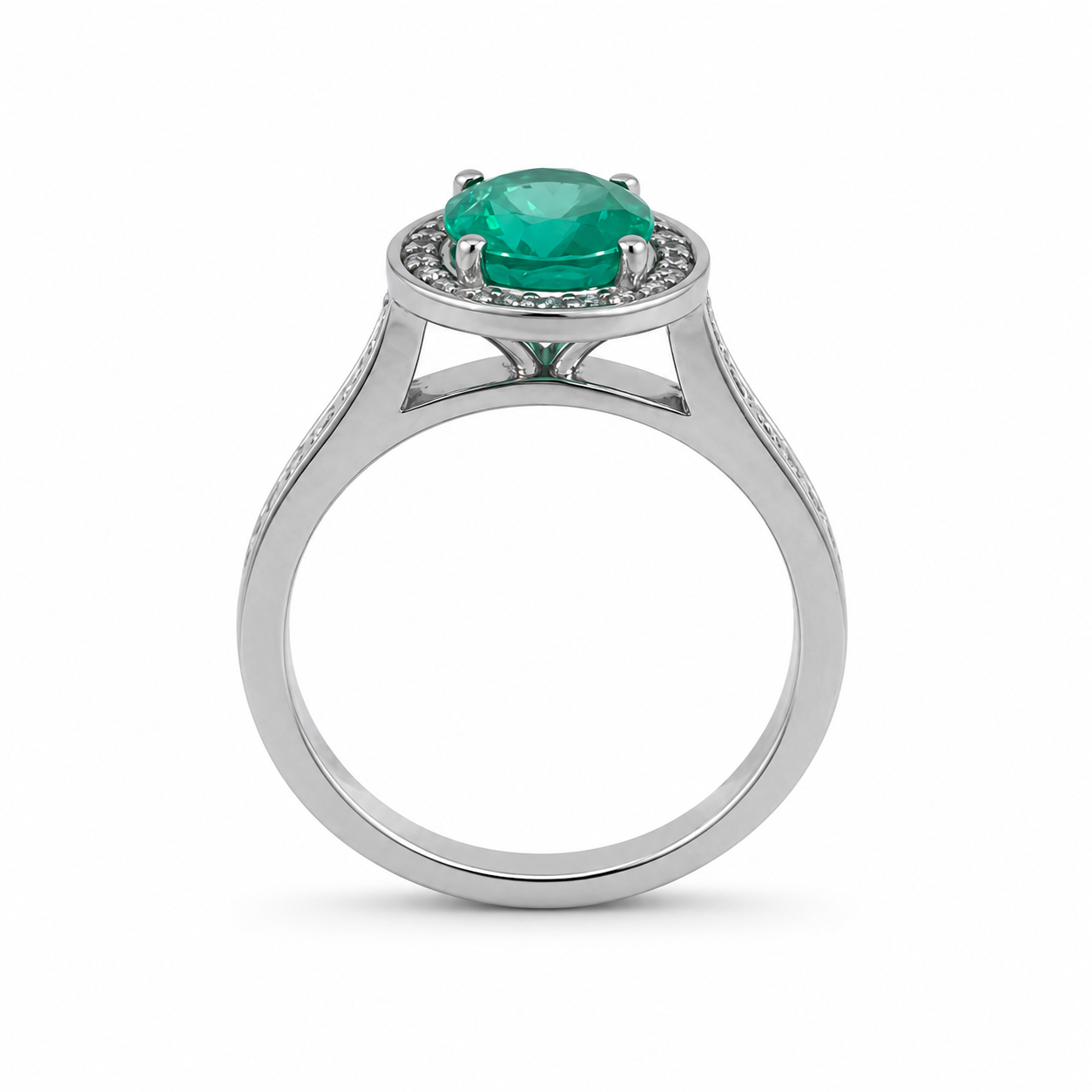 18ct White Gold Oval Emerald &amp; Diamond Cluster Ring