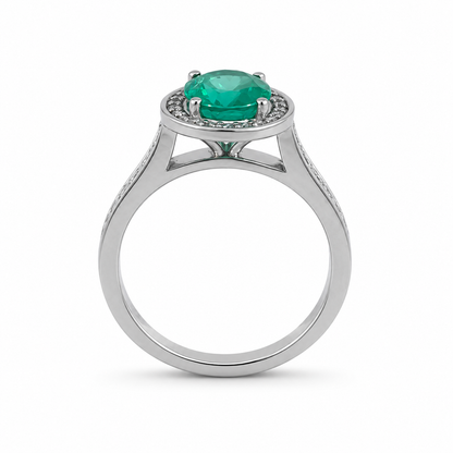 18ct White Gold Oval Emerald &amp; Diamond Cluster Ring