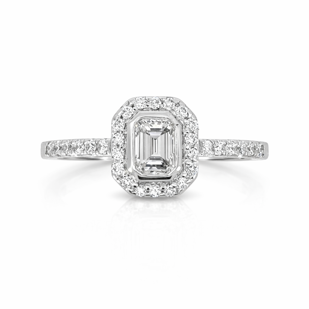 18ct White Gold Emerald Cut Diamond Halo Ring