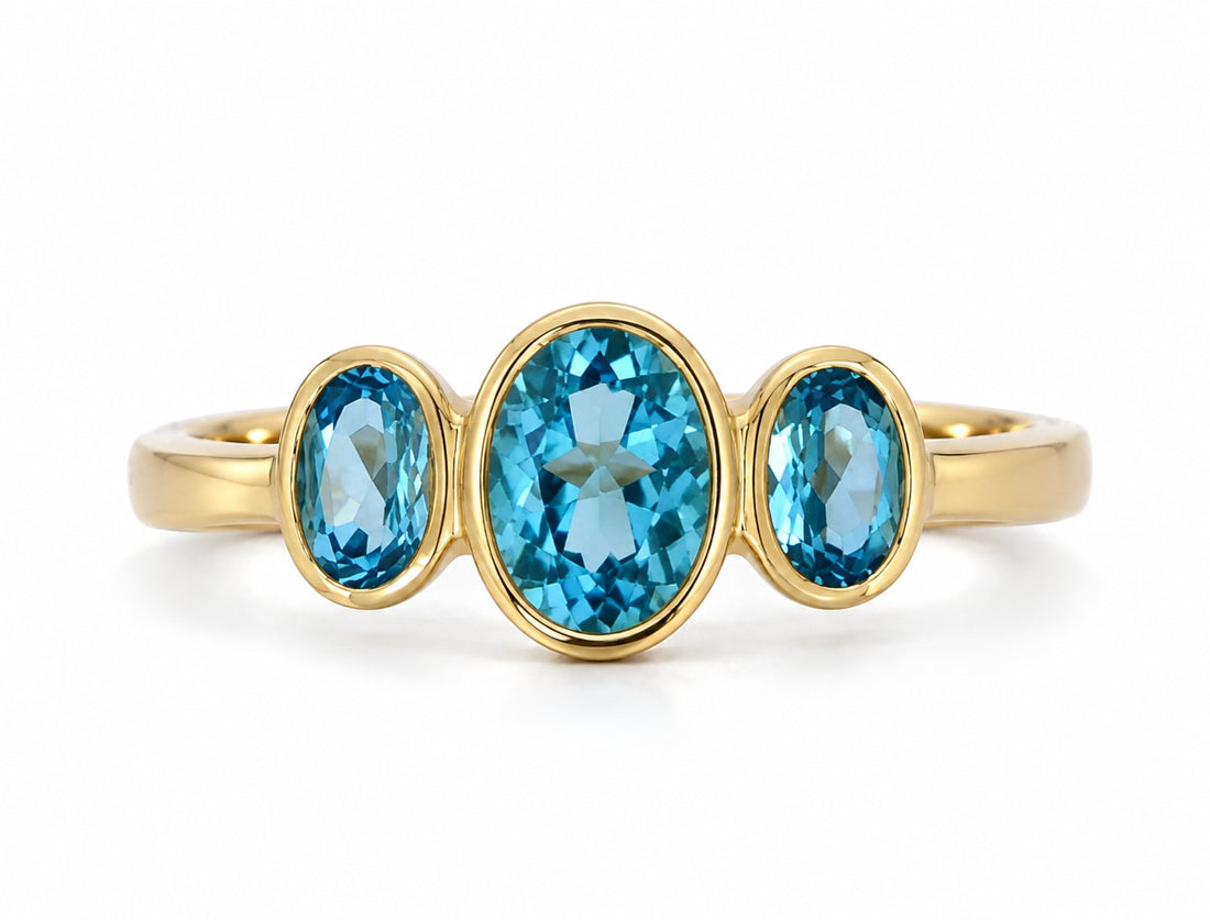 9ct Yellow Gold Oval Swiss Blue Topaz Three Stone Ring