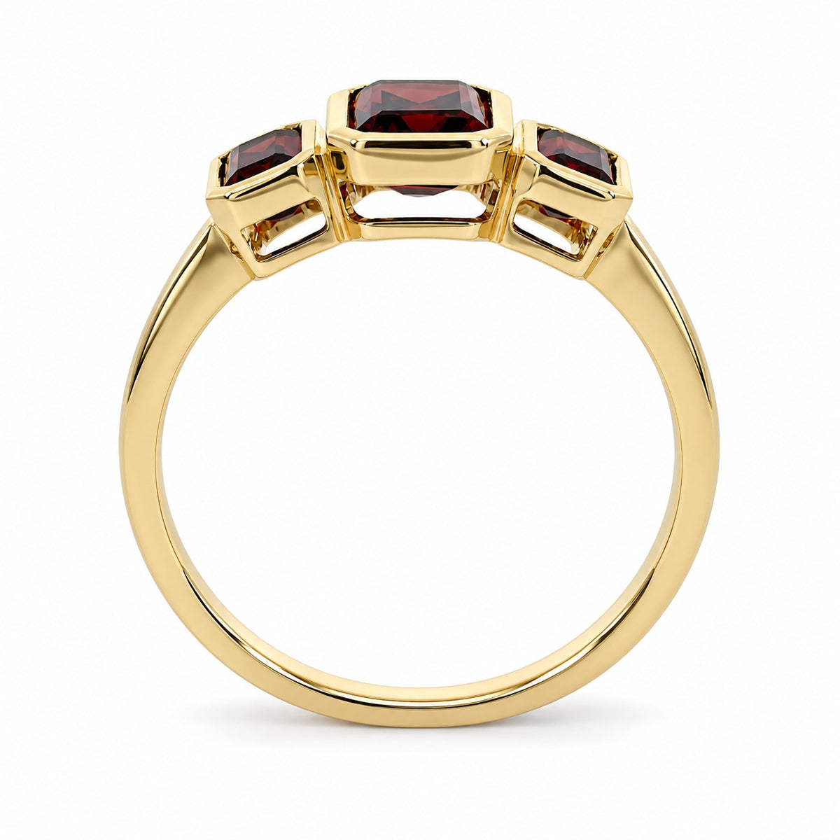 9ct Yellow Gold Octagon Garnet Rubover Set Three Stone Ring