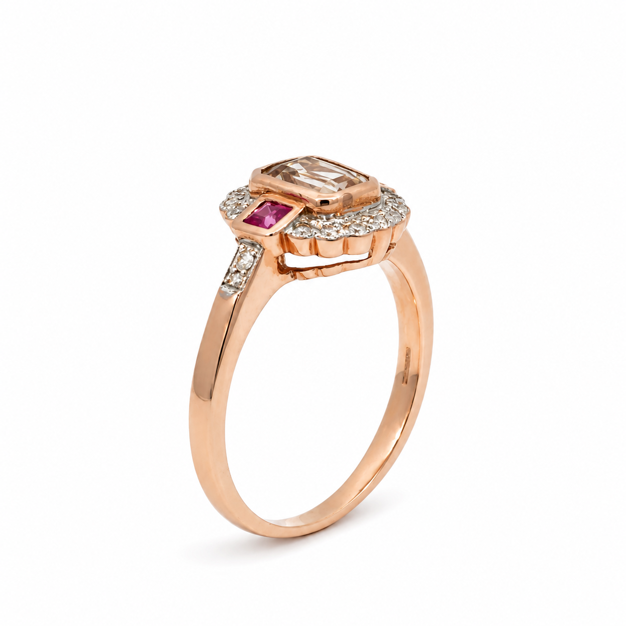 9ct Rose Gold Morganite, Ruby and Diamond Halo Ring