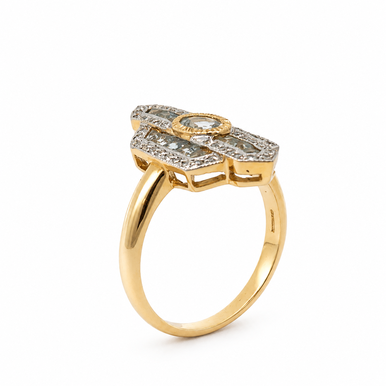 9ct Gold Art Deco Aquamarine &amp; Diamond Ring