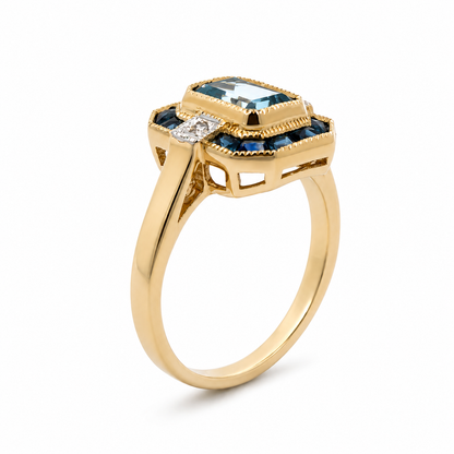 9ct Yellow Gold Aquamarine, Blue Topaz &amp; Diamond Ring