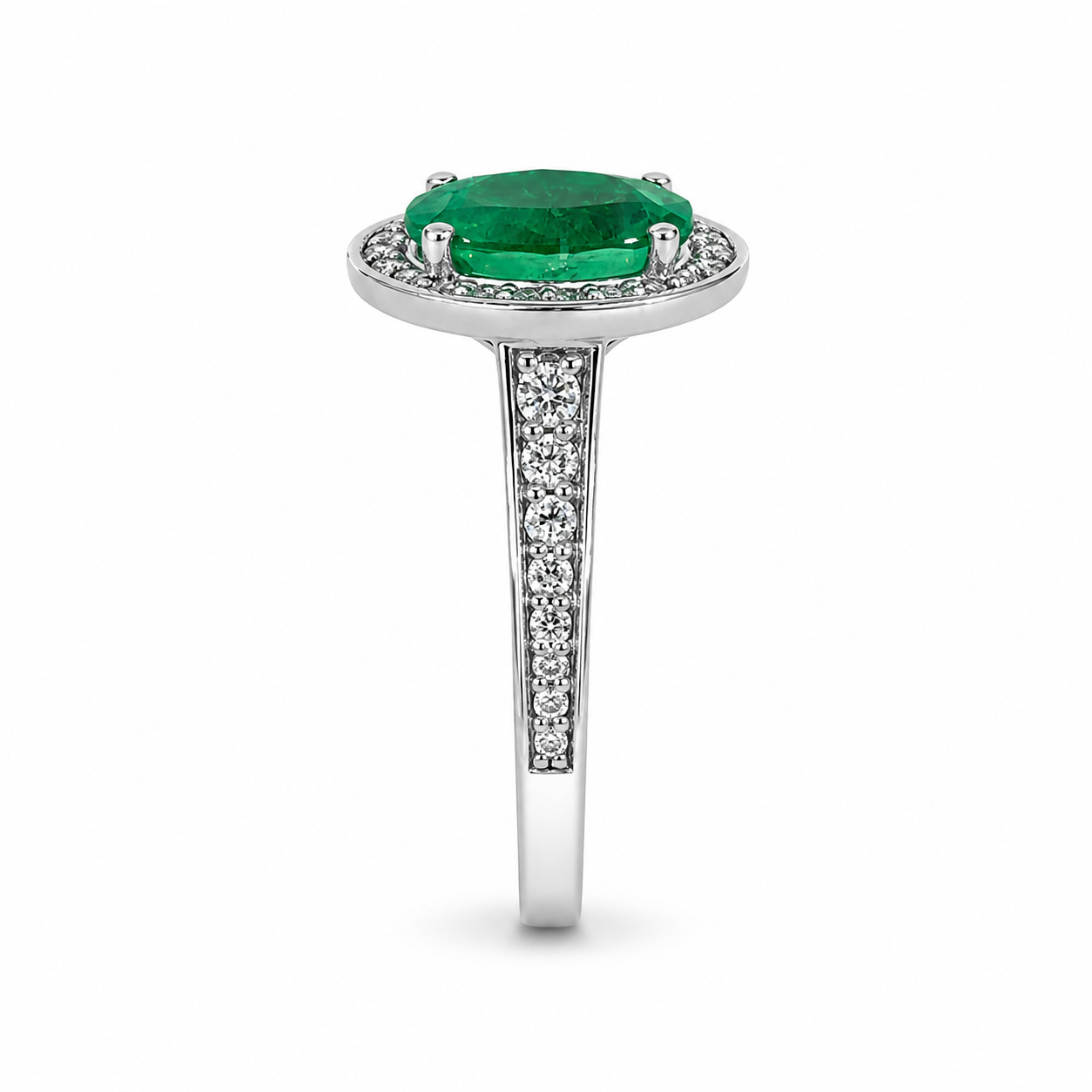 18ct White Gold Oval Emerald &amp; Diamond Cluster Ring