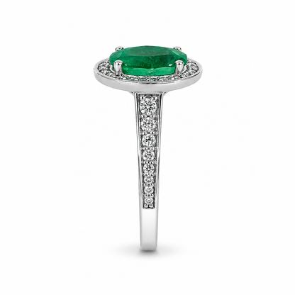18ct White Gold Oval Emerald &amp; Diamond Cluster Ring