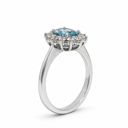 18ct Aquamarine &amp; Diamond Halo Ring