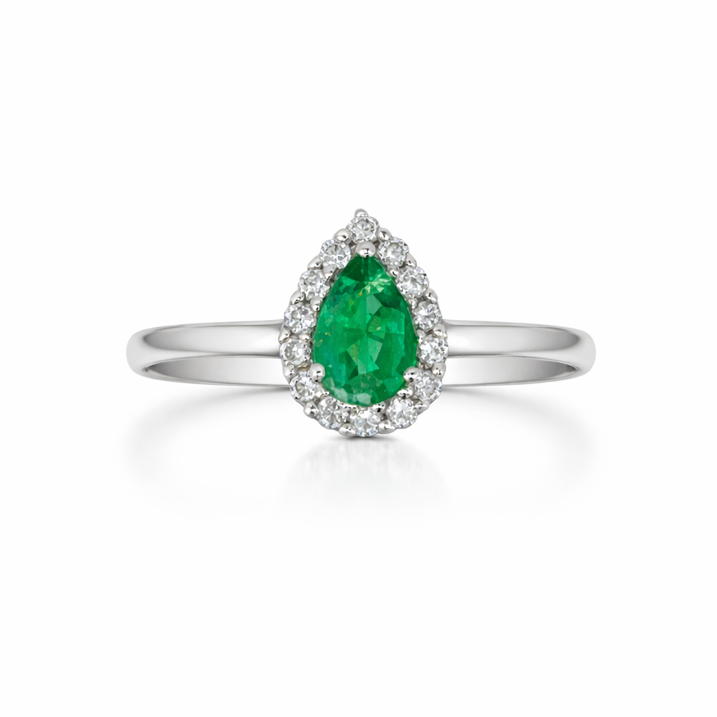Emerald &amp; Diamond Halo Ring in 18ct White Gold