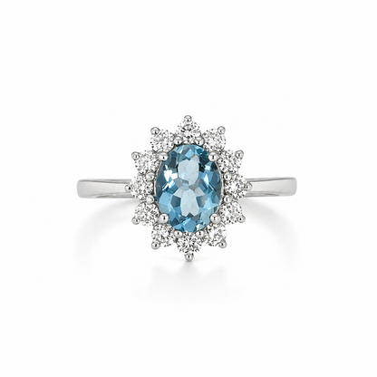 18ct Aquamarine &amp; Diamond Halo Ring