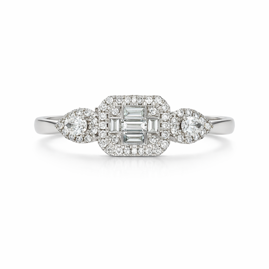 18ct White Gold Baguette & Brilliant Cut Diamond Halo Cluster Ring