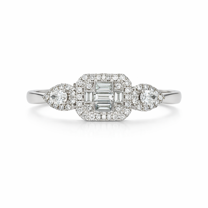 18ct White Gold Baguette &amp; Brilliant Cut Diamond Halo Cluster Ring