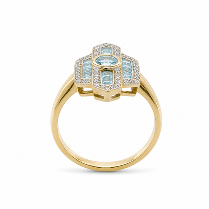 9ct Gold Art Deco Aquamarine &amp; Diamond Ring