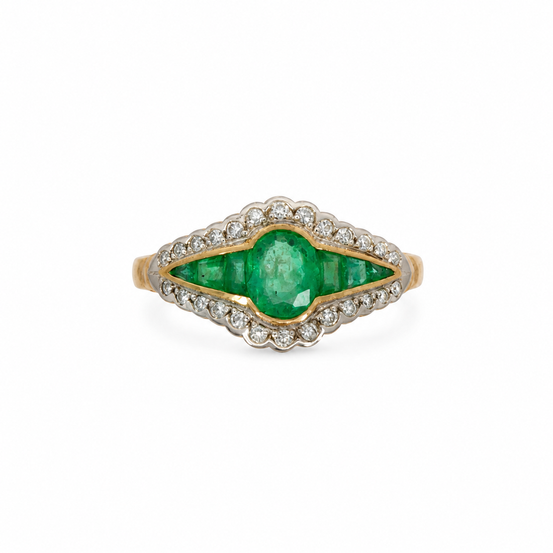 9ct Gold Emerald &amp; Diamond Vintage Style Ring
