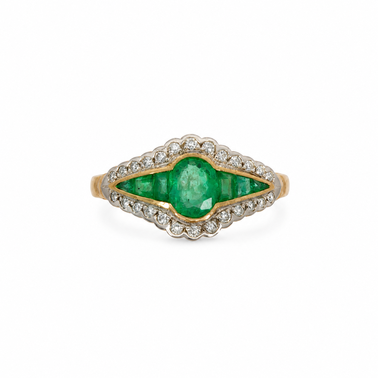 9ct Gold Emerald &amp; Diamond Vintage Style Ring