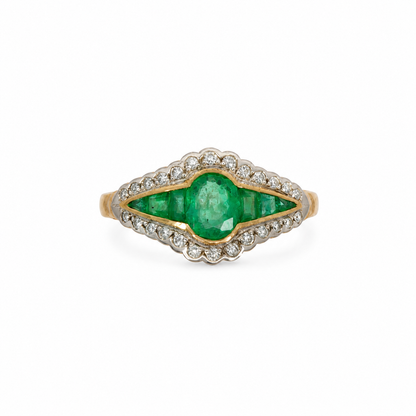 9ct Gold Emerald &amp; Diamond Vintage Style Ring