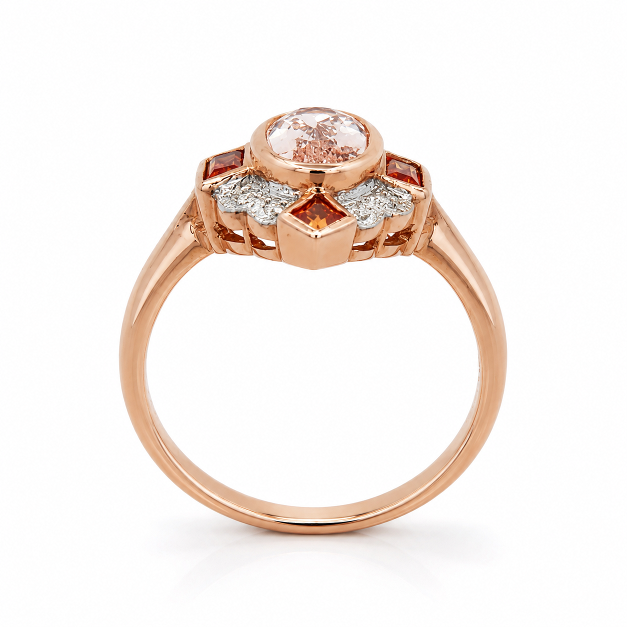 9ct Rose Gold Vintage-Style Morganite, Diamond &amp; Orange Sapphire Ring