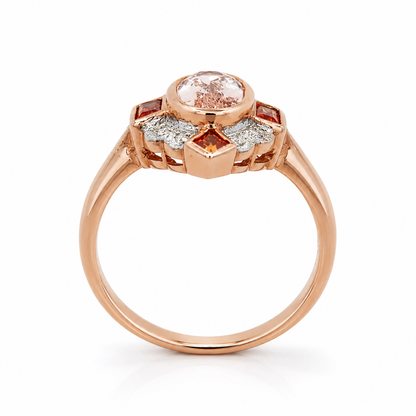 9ct Rose Gold Vintage-Style Morganite, Diamond &amp; Orange Sapphire Ring