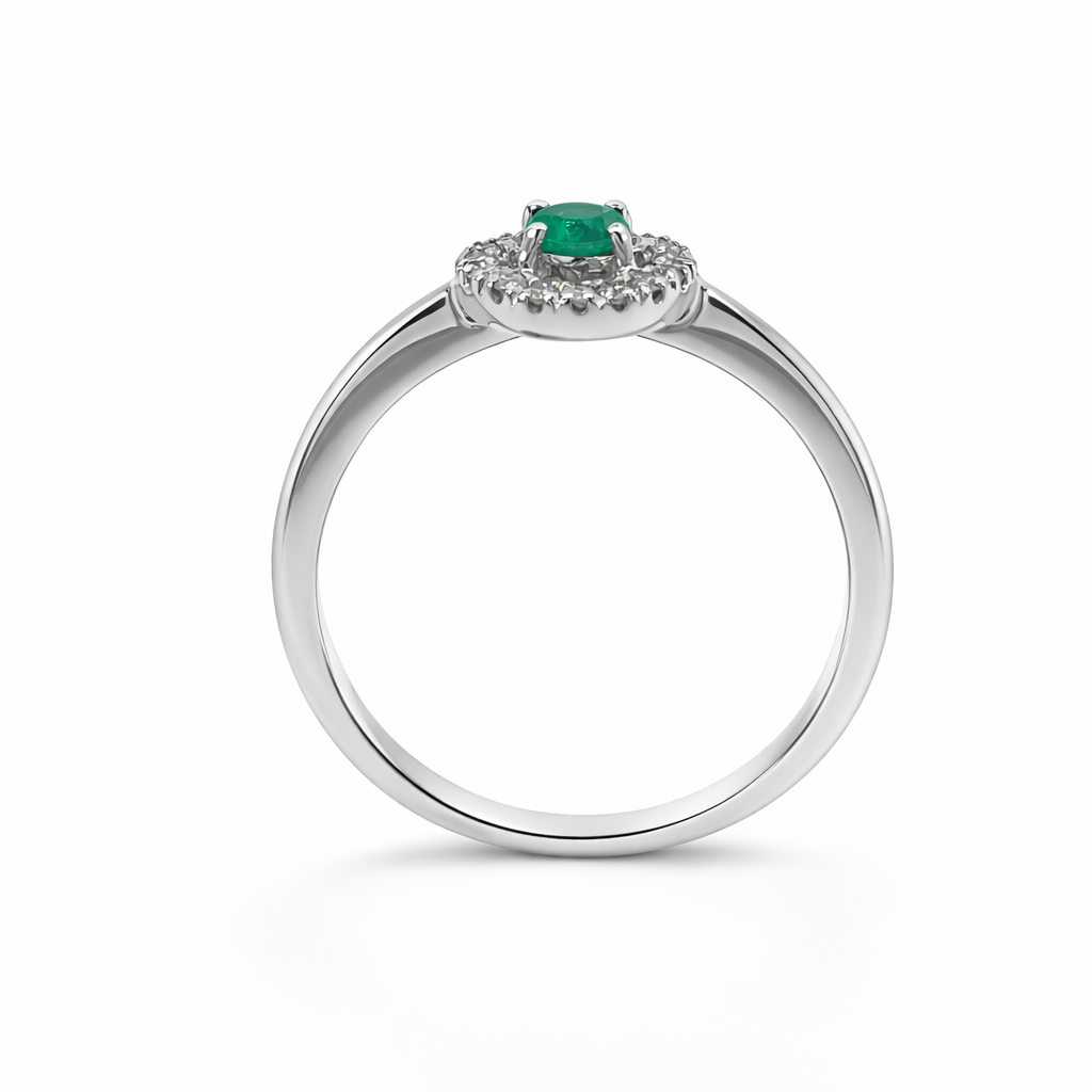Emerald &amp; Diamond Halo Ring in 9ct White Gold