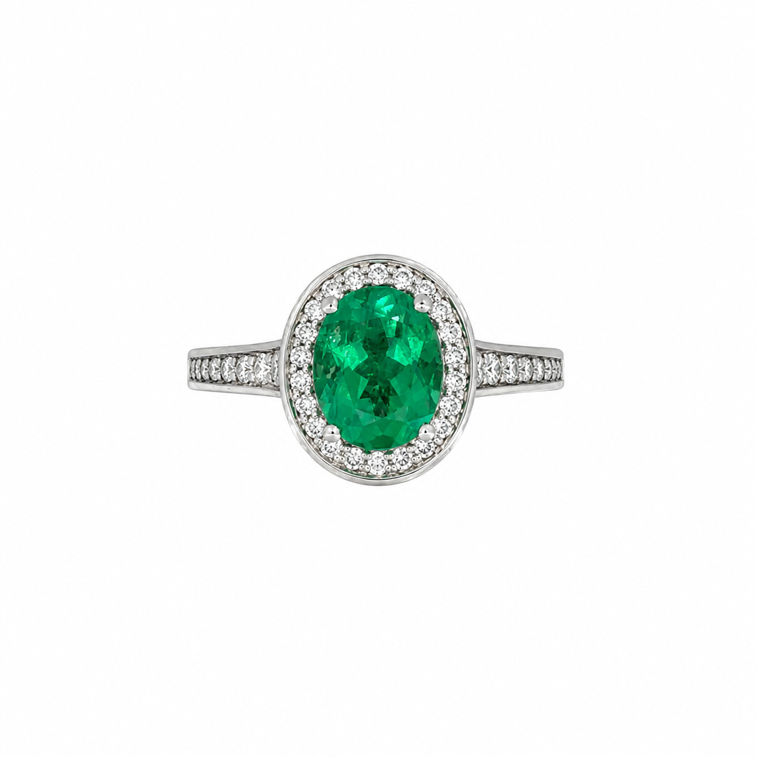 18ct White Gold Oval Emerald &amp; Diamond Cluster Ring