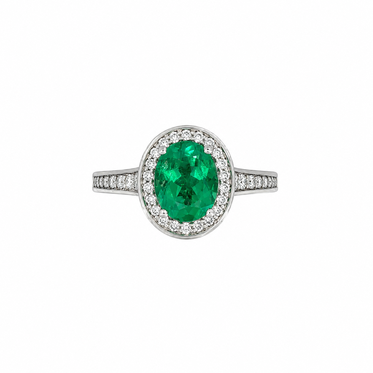 18ct White Gold Oval Emerald &amp; Diamond Cluster Ring