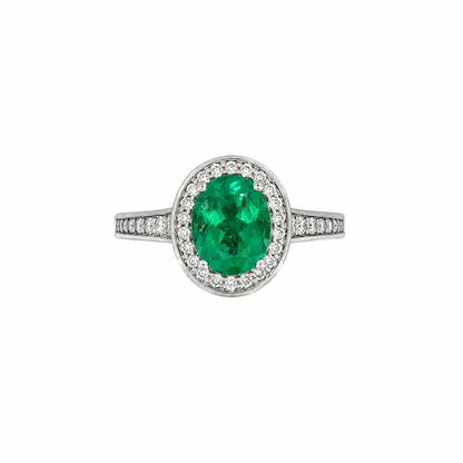 18ct White Gold Oval Emerald &amp; Diamond Cluster Ring