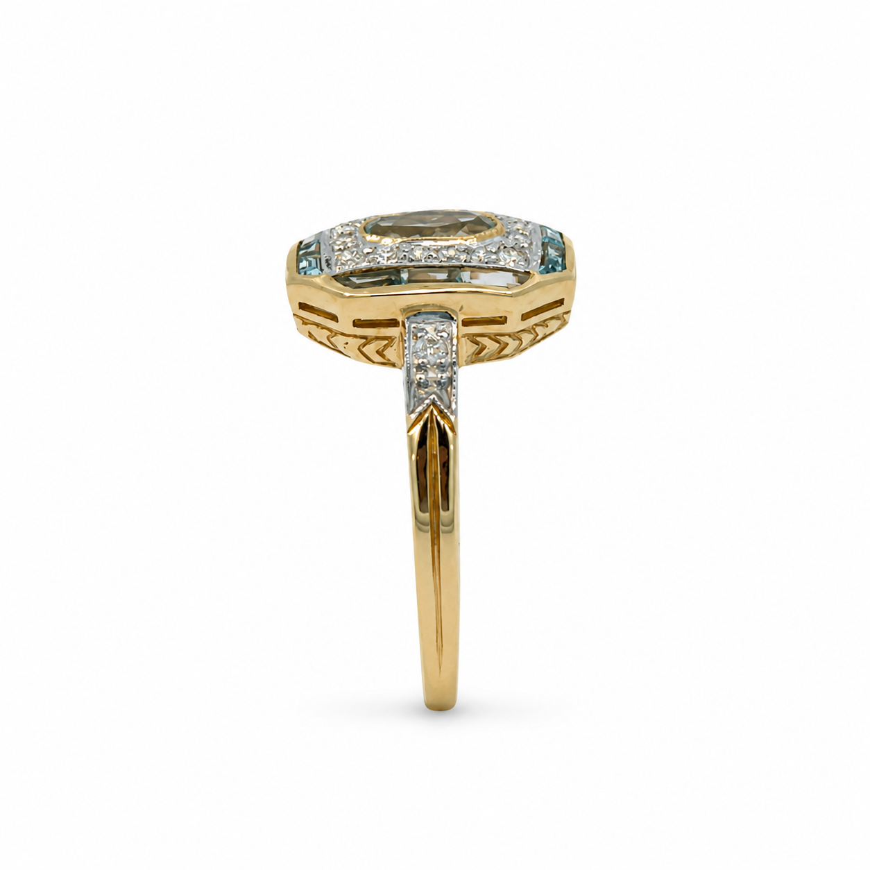 Vintage Style 9ct Gold Aquamarine &amp; Diamond Halo Ring