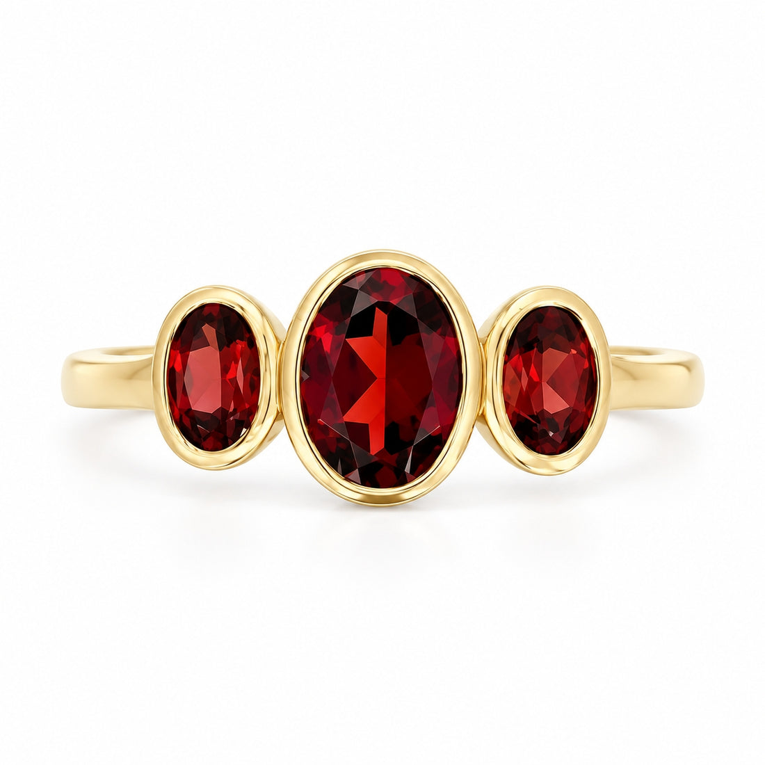 9ct Yellow Gold Oval Garnet Rubover Set Three Stone Ring