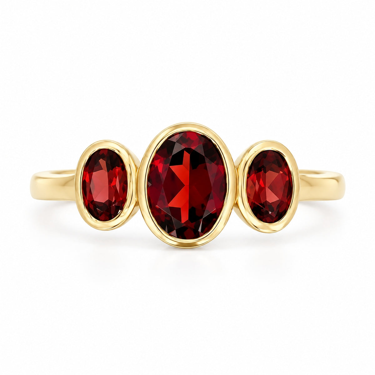 9ct Yellow Gold Oval Garnet Rubover Set Three Stone Ring