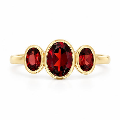 9ct Yellow Gold Oval Garnet Rubover Set Three Stone Ring