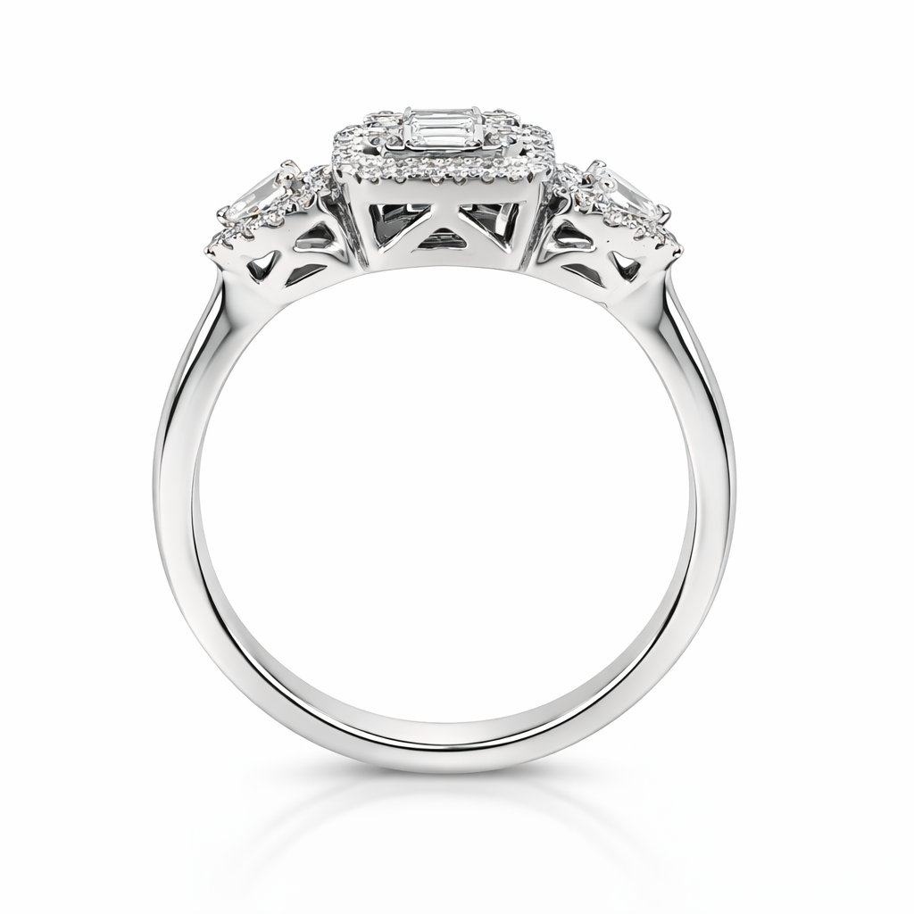 18ct White Gold Baguette &amp; Brilliant Cut Diamond Halo Cluster Ring