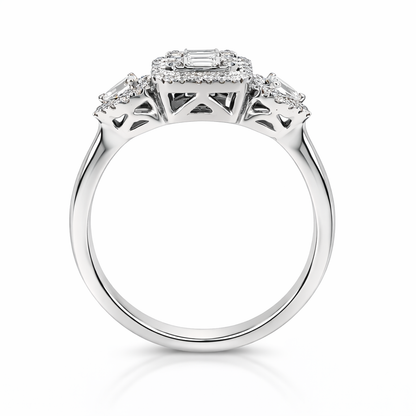 18ct White Gold Baguette &amp; Brilliant Cut Diamond Halo Cluster Ring