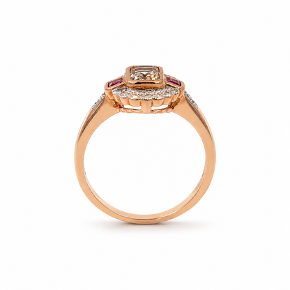 9ct Rose Gold Morganite, Ruby and Diamond Halo Ring