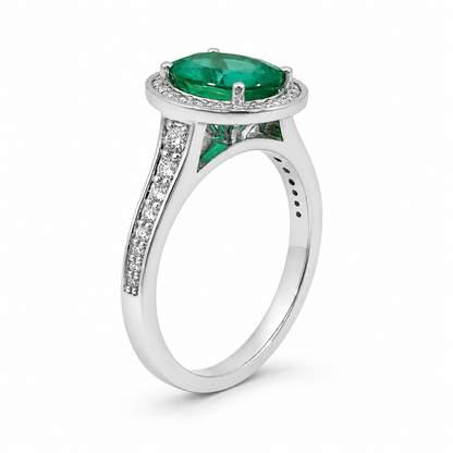18ct White Gold Oval Emerald &amp; Diamond Cluster Ring